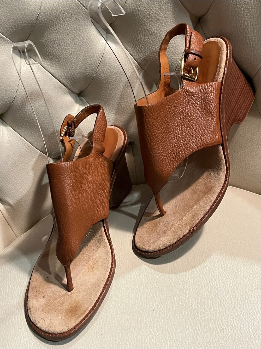 KORS Michael Kors Brown Leather Wedge Thong Sandals Beautiful Boho